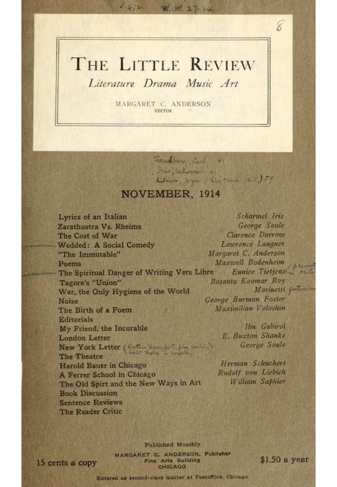 The Little Review, November 1914 (Vol. 1, No. 8)