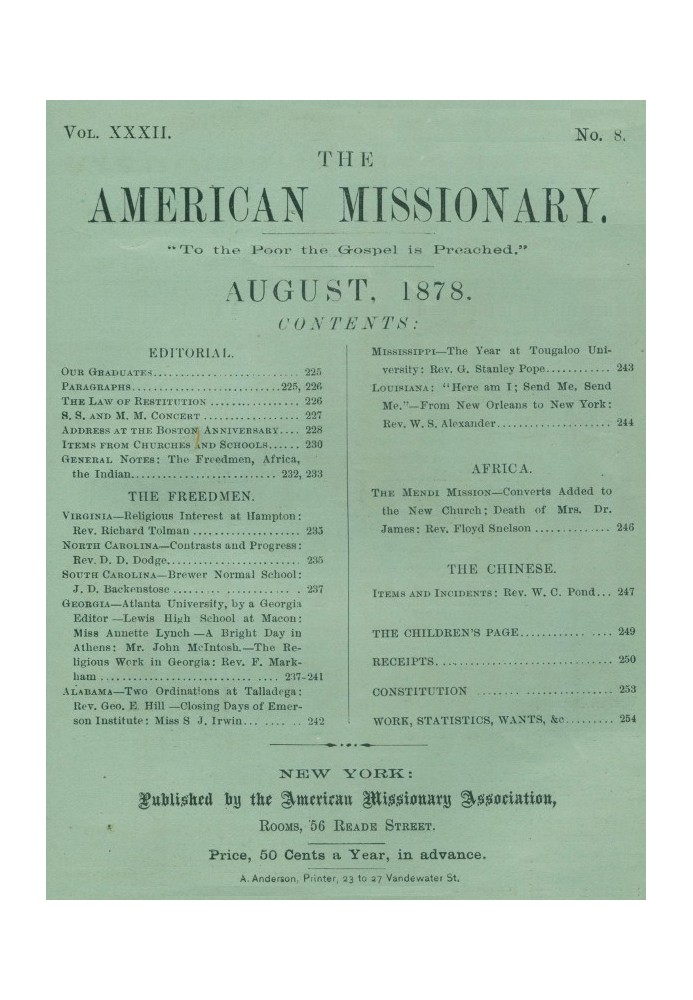 The American Missionary — Volume 32, No. 08, August, 1878