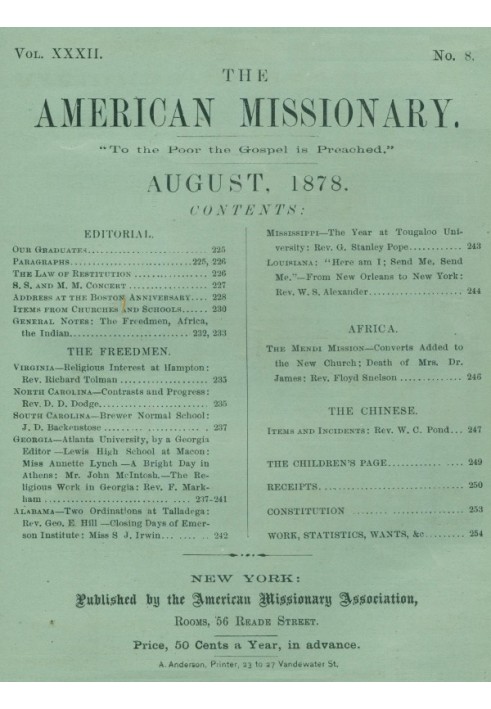 The American Missionary — Volume 32, No. 08, August, 1878