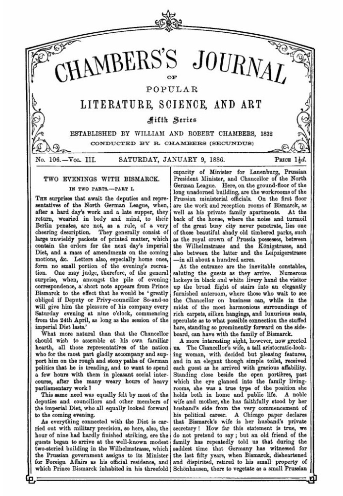 Chambers's Journal of Popular Literature, Science, and Art, Fifth Series, No. 106, Vol. III, January 9, 1886