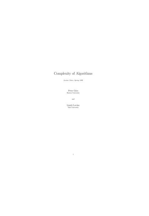 Complexity of Algorithms: Lecture Notes, Spring 1999