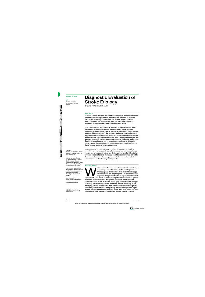 DIAGNOSTIC EVALUATION OF STROKE ETIOLOGY