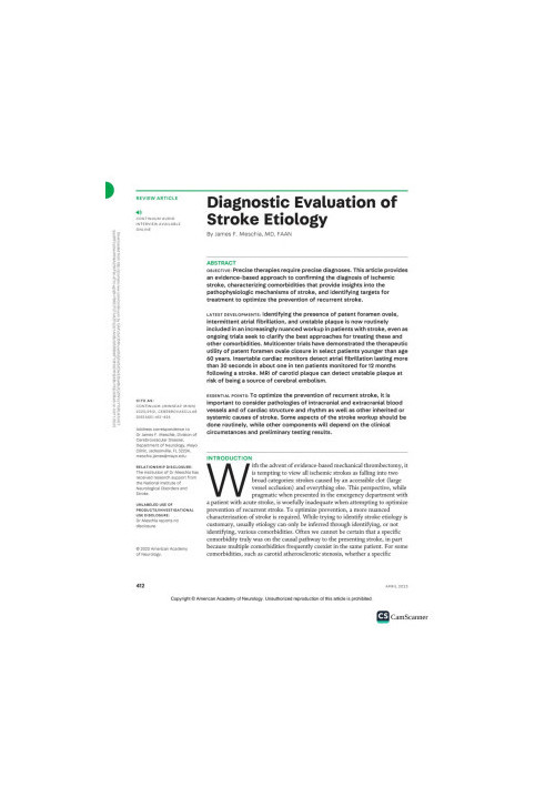 DIAGNOSTIC EVALUATION OF STROKE ETIOLOGY