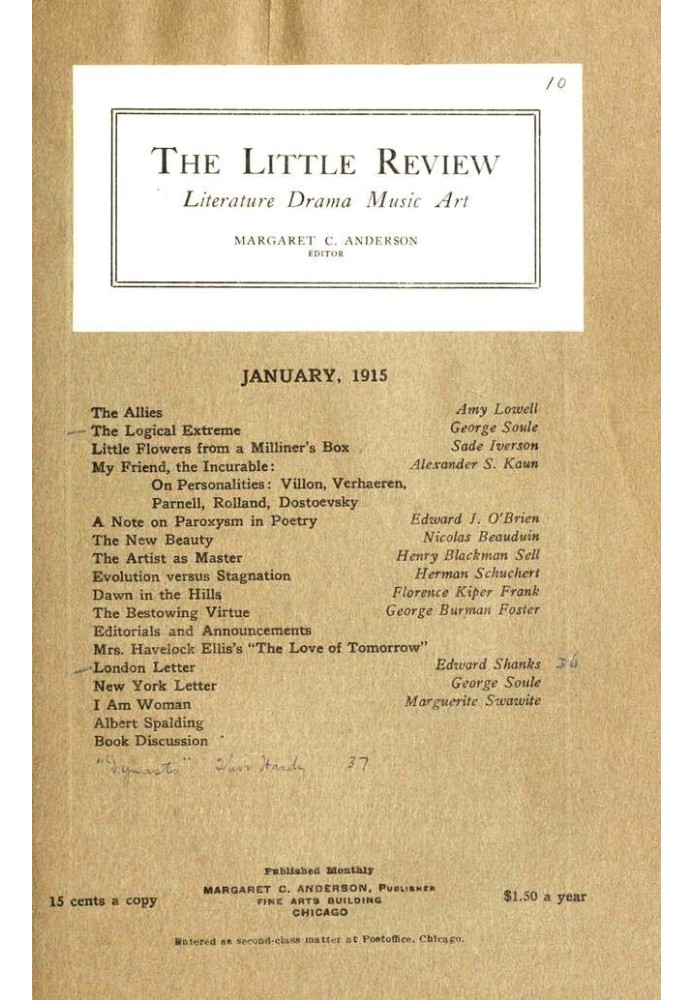 The Little Review, January 1915 (Vol. 1, No. 10)