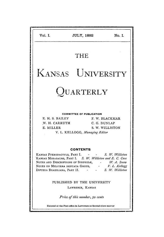 Щоквартальник Канзаського університету, том. I, № 1 (1892)