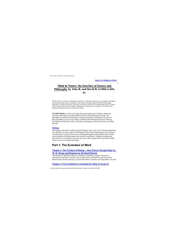 Mind in Nature: The Interface of Science and Philosophy