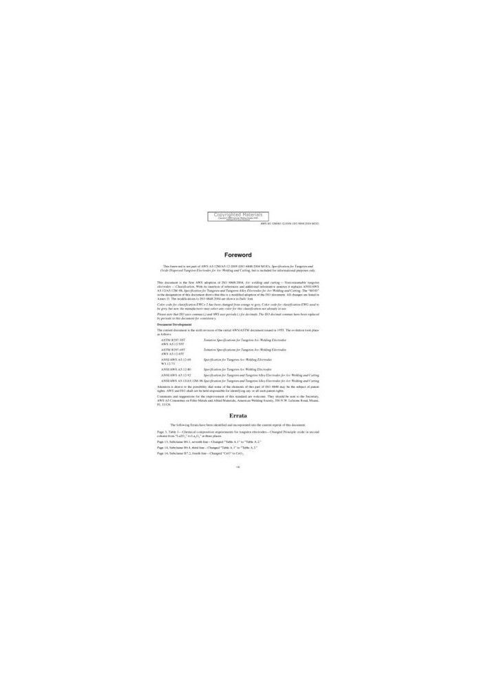 Specification for Tungsten and Oxide Dispersed Tungsten Electrodes for Arc Welding and Cutting (7th Edition): (AWS A5.12M/A5.