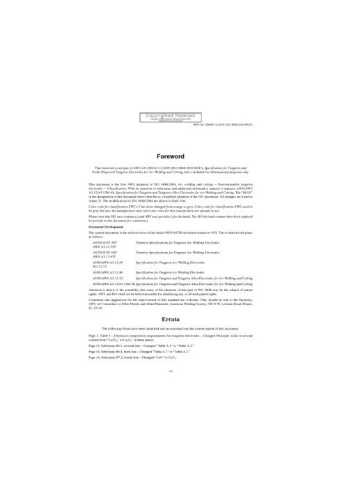 Specification for Tungsten and Oxide Dispersed Tungsten Electrodes for Arc Welding and Cutting (7th Edition): (AWS A5.12M/A5.