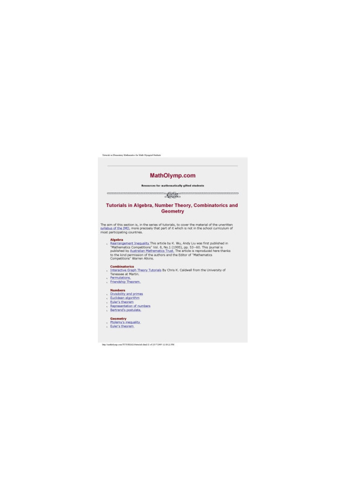 Tutorials in Elementary Mathematics for Math Olympiad Students