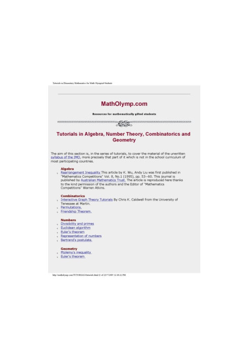 Tutorials in Elementary Mathematics for Math Olympiad Students