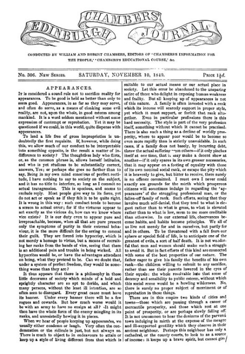 Chambers's Edinburgh Journal, № 306, нова серія, субота, 10 листопада 1849 р.