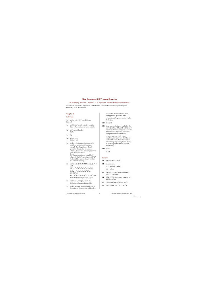Inorganic Chemistry, 7th ed. - Answers to self tests and exercises