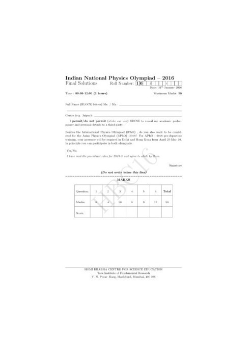 INPhO 2016 Question and Solution from India Indian National Physics Olympiad