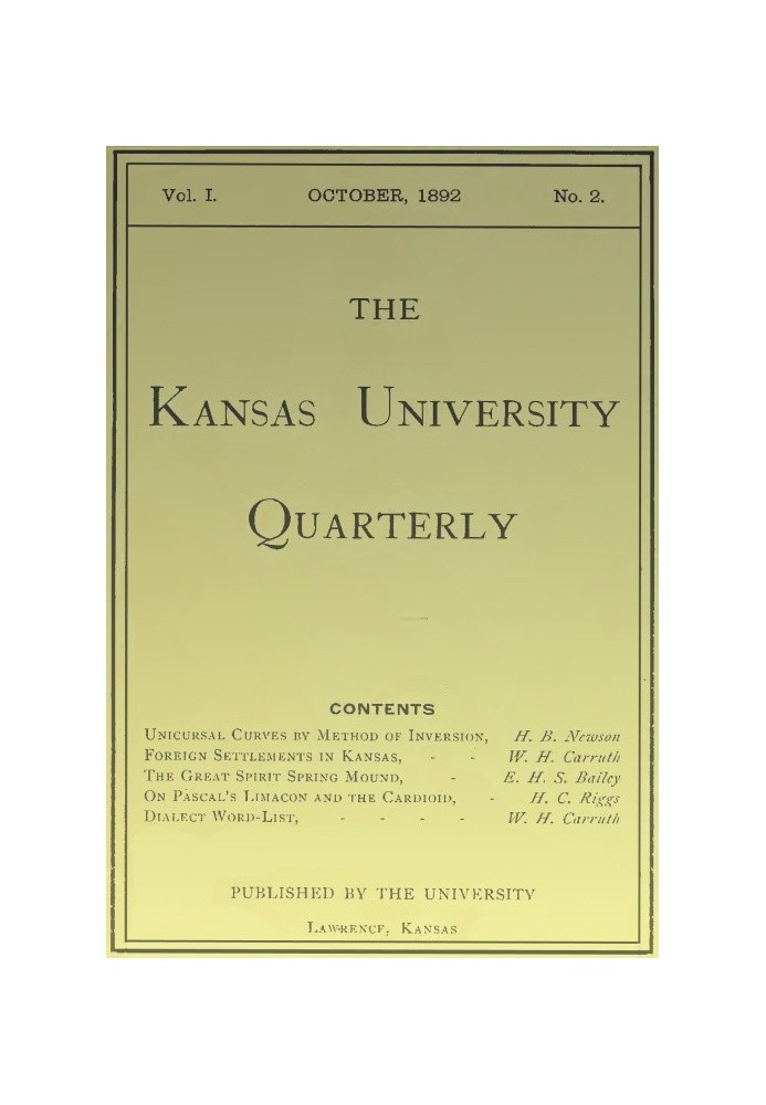 Щоквартальник Канзаського університету, том. I, № 2, жовтень 1892 р