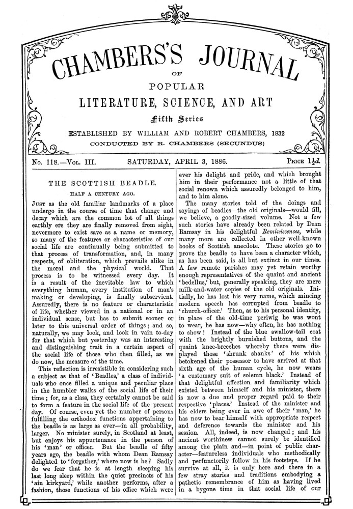 Журнал популярної літератури, науки та мистецтва Чемберса, п’ята серія, №. 118, вип. III, 3 квітня 1886 р
