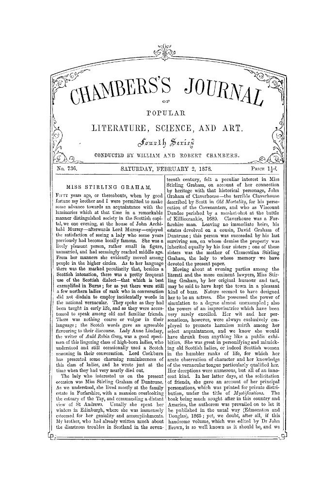 Журнал популярної літератури, науки та мистецтва Чемберса, № 736, 2 лютого 1878 р.