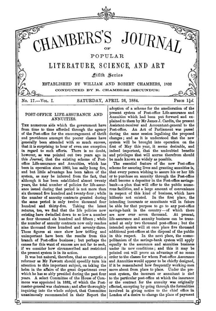 Chambers's Journal of Popular Literature, Science, and Art, Fifth Series, No. 17, Vol. I, April 26, 1884