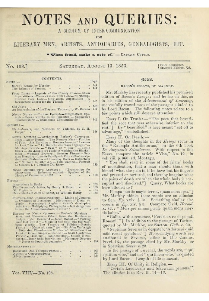 Заметки и вопросы, номер 198, 13 августа 1853 г. Средство общения литераторов, художников, антикваров, генеологов и т. Д.