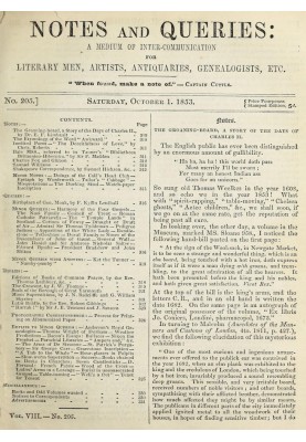 Notes and Queries, Number 205, October 1, 1853 A Medium of Inter-communication for Literary Men, Artists, Antiquaries, Geneologi