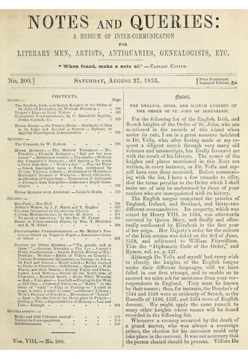 Notes and Queries, Number 200, August 27, 1853 A Medium of Inter-communication for Literary Men, Artists, Antiquaries, Geneologi