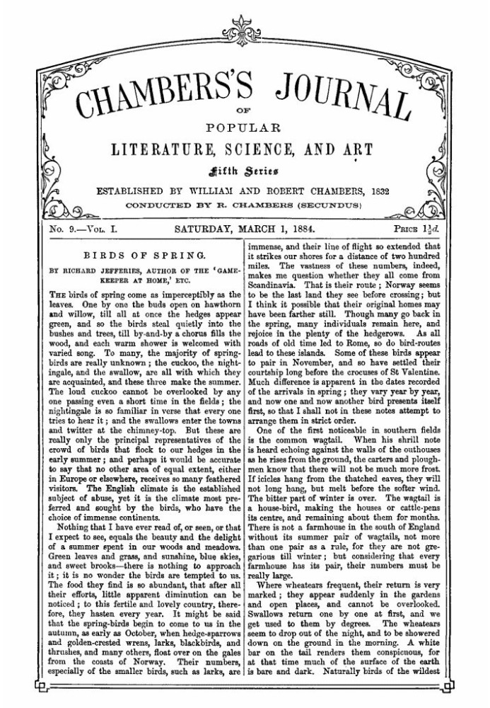Журнал популярної літератури, науки та мистецтва Чемберса, п’ята серія, № 9, том. I, 1 березня 1884 р