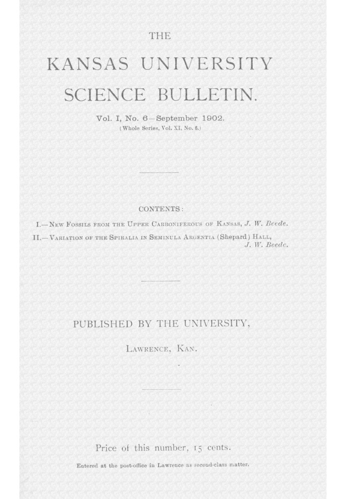 Науковий бюлетень Канзаського університету, Том. I, № 6, вересень 1902 р