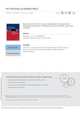 Returning Home from Iraq and Afghanistan : Assessment of Readjustment Needs of Veterans, Service Members, and Their Families