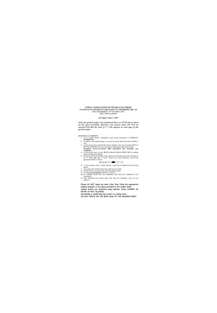 NSEC 2015 Chemistry Question Paper from India National Standard Exam in Chemistry