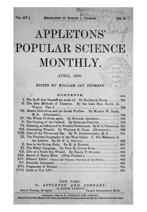 Appletons' Popular Science Monthly, квітень 1899 р. Том LIV, № 6, квітень 1899 р.