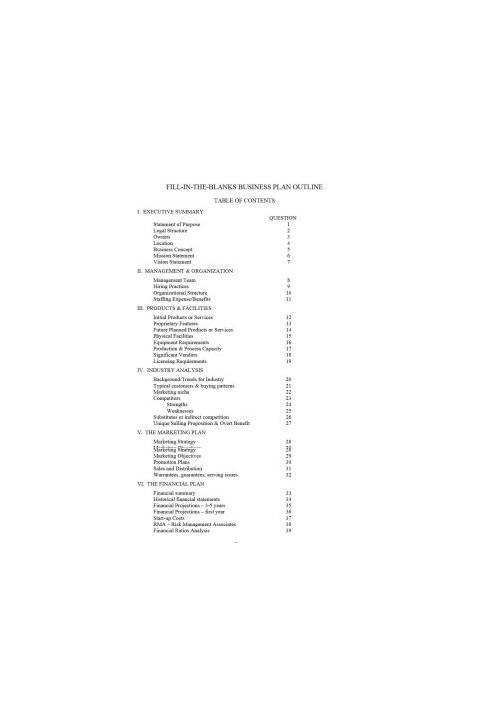 Business Plan Outline Guide - Fill in Blanks