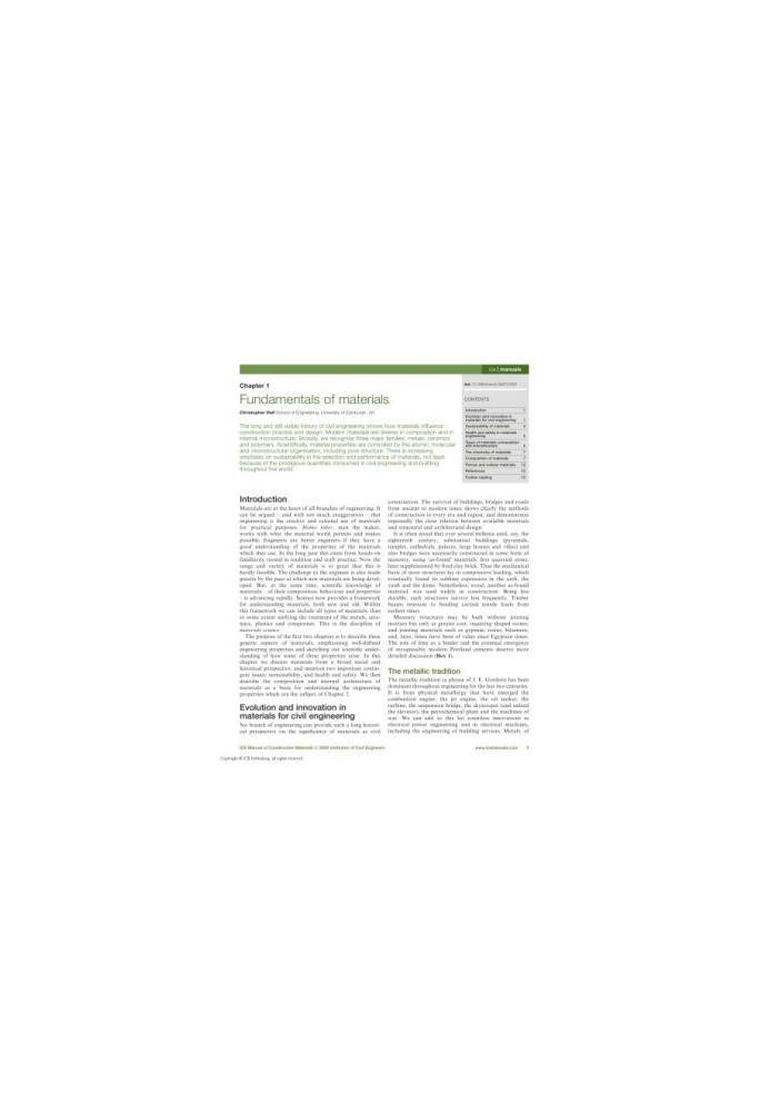 ICE manual of Construction Materials, Volume I - Fundamentals and theory Concrete Asphalts in road construction Masonry