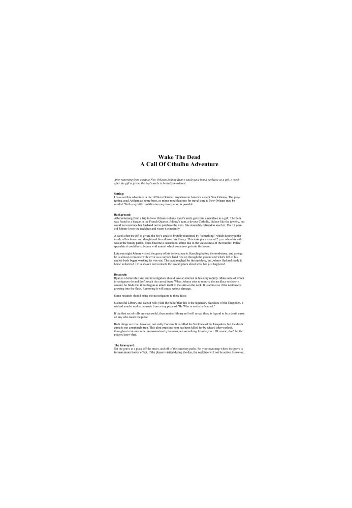 Wake The Dead: A Call of Cthulhu Adventure