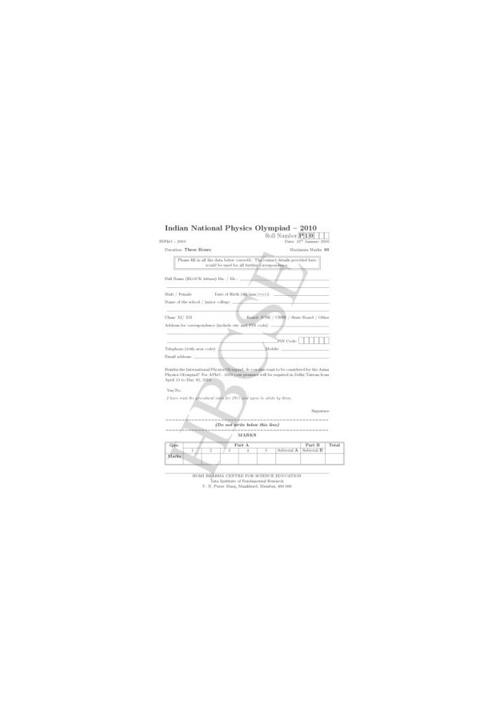 INPhO 2010 Question Paper from India Indian National Physics Olympiad