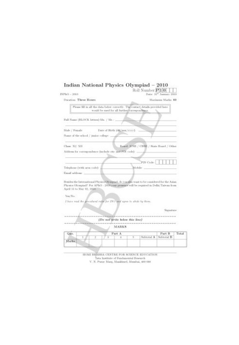INPhO 2010 Question Paper from India Indian National Physics Olympiad
