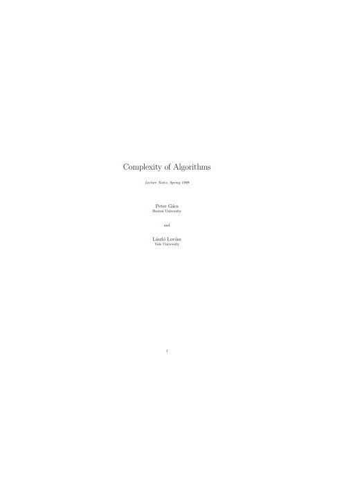 Complexity of Algorithms: Lecture Notes, Spring 1999