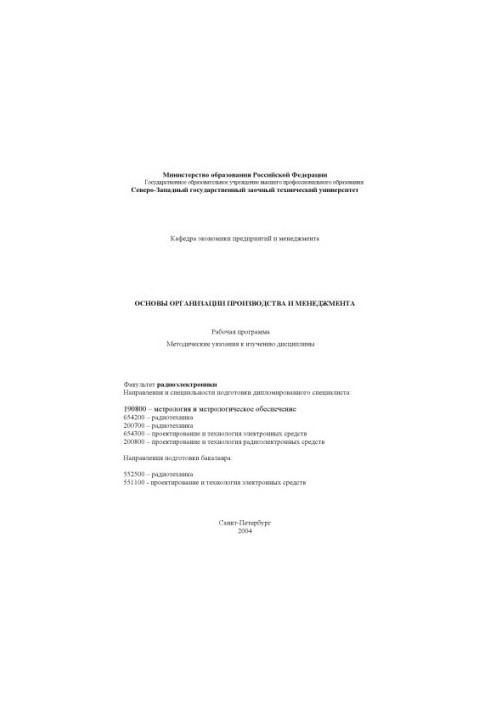 Основи організації виробництва та менеджменту: Робоча програма, методичні вказівки до вивчення дисципліни