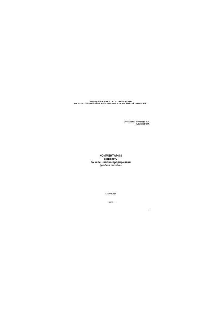 Comments on the draft business plan of the enterprise (training manual)