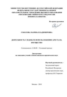 Sokolova M, V, Activity of the investigator on seizure of property
