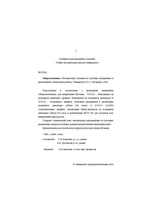 Microeconomics: Methodical instructions for studying the discipline and performing control work. For students of all faculties