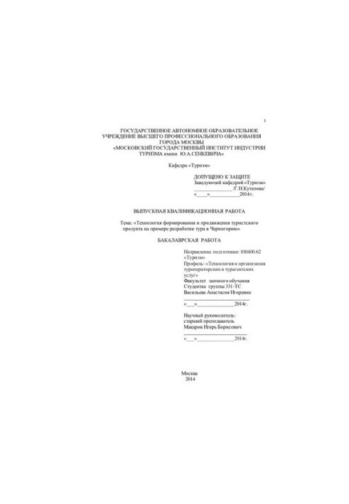 Technology of formation and promotion of a tourist product on the example of the development of a tour to Montenegro