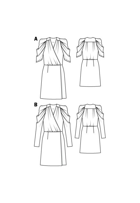 Выкройка Платье атласное с запахом и пышными рукавами (Burda 12/2010, № выкройки 102 B)