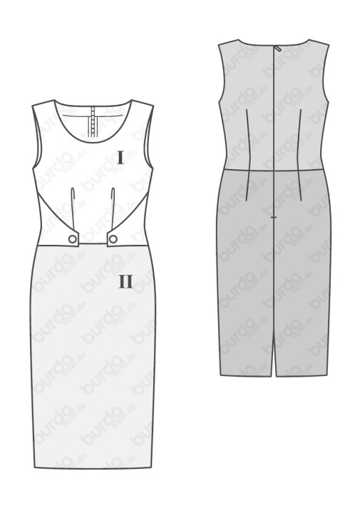 Two-color sheath dress pattern with decorative details (Burda 1/2017, pattern number 6522 B)