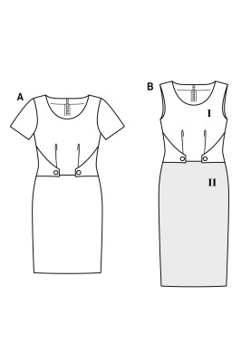 Two-color sheath dress pattern with decorative details (Burda 1/2017, pattern number 6522 B)