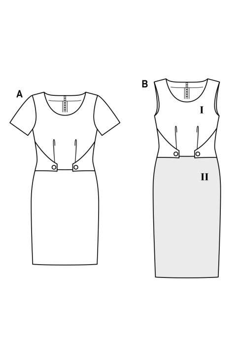 Two-color sheath dress pattern with decorative details (Burda 1/2017, pattern number 6522 B)