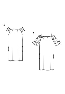 Pattern Dress with a Carmen neckline on wide straps (Burda 1/2018, pattern number 6422 B)