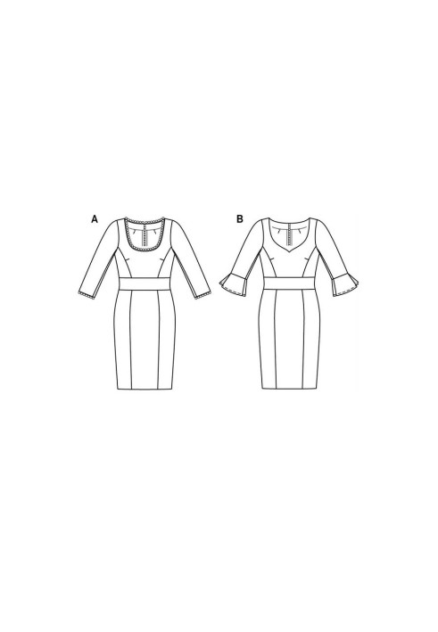 Pattern Sheath dress with a sewn-in belt and ruffles on the sleeves (Burda 1/2020, pattern no. 6223 B)