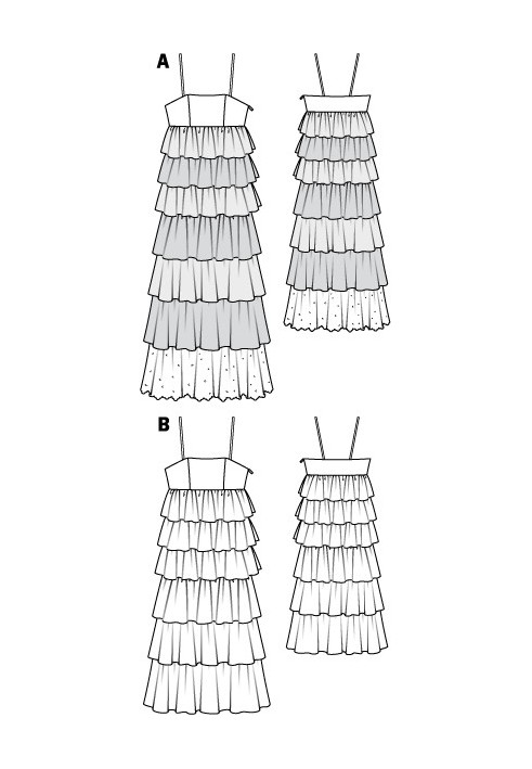 Pattern Strappy maxi dress with a cascade of frills (Burda 4/2011, pattern no. 110 A)