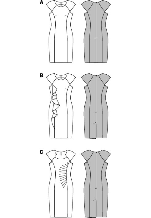 Выкройка Платье-футляр с короткими рукавами реглан и драпировками (Burda 1/2014, № выкройки 6920 C)