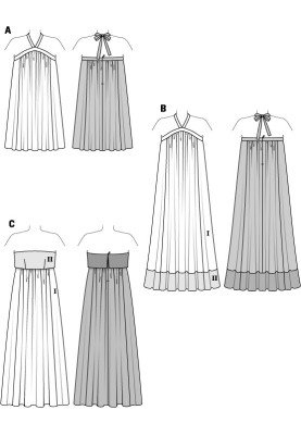 Pattern of maxi sundress with wide cut on straps (Burda 1/2014, pattern number 6929 B)