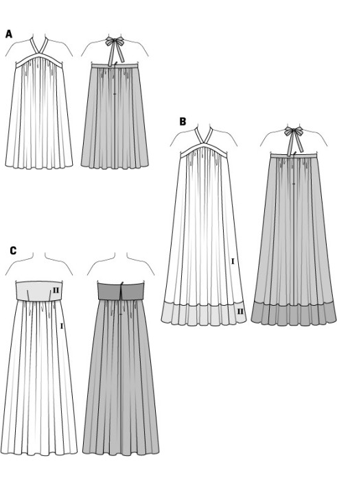 Pattern of maxi sundress with wide cut on straps (Burda 1/2014, pattern number 6929 B)